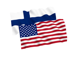 National fabric flags of Finland and America isolated on white background. 3d rendering illustration. 1 to 2 proportion.