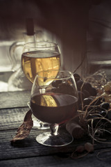 glasses of red and white wine and grapes