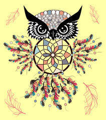 Patterned owl on the grunge background. African indian totem tattoo design.