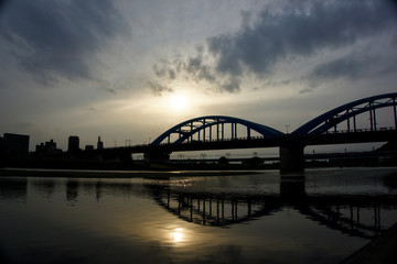 Sunset view with bridge and soft reflection in river