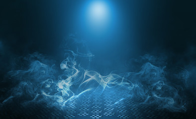 Empty background scene. Dark street reflection on the wet pavement. Rays of blue neon light in the dark, neon figures, smoke. Night view of the street, the city. Abstract dark background.