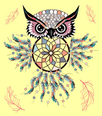 Artistic owl with Dreamcatcher. Graphic arts, dotwork.