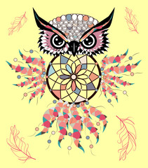 Artistic owl with Dreamcatcher. Graphic arts, dotwork.