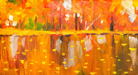 Ölgemälde bunte Herbstbäume. Halb abstraktes Bild von Wald, Espenbäumen mit gelb-rotem Blatt und See. Herbst, Naturhintergrund der Herbstsaison. Handgemalter Impressionist, Landschaft im Freien © Aleksandr Matveev