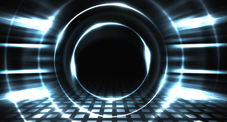 Empty background scene. Dark street reflection on the wet pavement. Rays of blue neon light in the dark, neon figures, smoke. Night view of the street, the city. Abstract dark background.