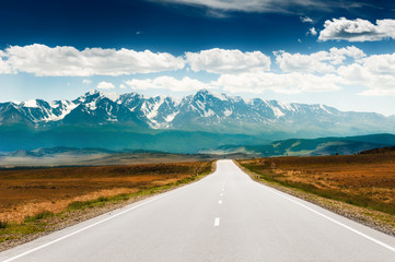 Road to the mountains. Chuysky tract and North-Chuya ridge in Altai, Siberia, Russia