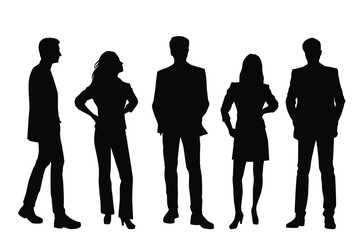 Set of vector silhouettes of  men and a women, a group of standing business people, black color isolated on white background