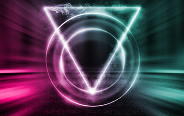 Empty background scene. Rays of neon light in the dark, neon figure of a triangle, smoke. Night view of the street, the city. Abstract dark background.