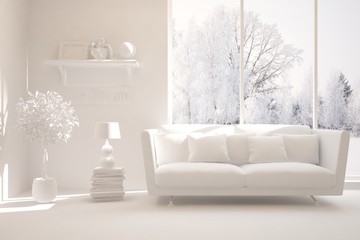 Mock up of stylish room in white color with sofa and winter landscape in window. Scandinavian interior design. 3D illustration