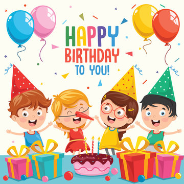 Vector Illustration Of Children Birthday Party Invitation Card Design