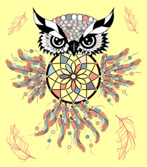 Dreamcatcher. Owl. Tattoo art, mystic symbol. Abstract feathers.