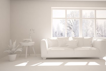 Mock up of stylish room in white color with sofa and winter landscape in window. Scandinavian interior design. 3D illustration