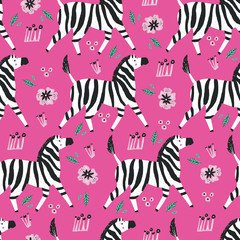 Fototapeta na wymiar Zebra flat hand drawn seamless pattern