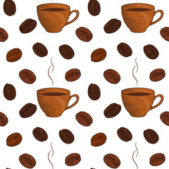 Coffee bean, cup of coffee, seamless pattern. Vector background for the holidays. Modern design for paper, wallpaper, covers, fabrics, interiors, etc.