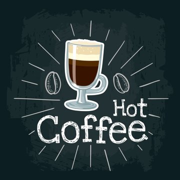 Glass cup coffee. Vector flat icon with rays, lettering, bubble