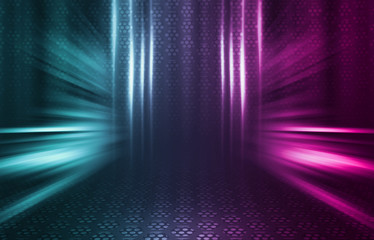 Empty background scene. Dark reflection of the street on the wet asphalt. Rays of neon light in the...