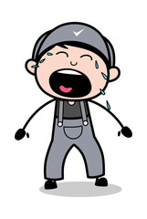 Crying Loudly - Retro Repairman Cartoon Worker Vector Illustration