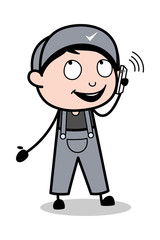 Talking On Phone - Retro Repairman Cartoon Worker Vector Illustration