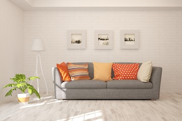 Stylish room in white color with sofa. Scandinavian interior design. 3D illustration