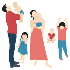 Obraz premium Set of family man, woman and small children, cartoon character, group of people in colorful clothes, vector silhouettes and flat icon design isolated on white background