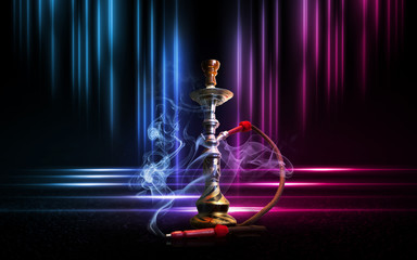 Hookah, smoke on a dark abstract background. Background of empty scenes with multicolored neon...