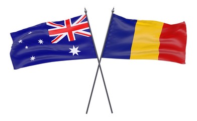 Australia and Romania, two crossed flags isolated on white background. 3d image