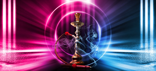 Hookah, smoke on a dark abstract background. Background of empty scenes with multicolored neon...
