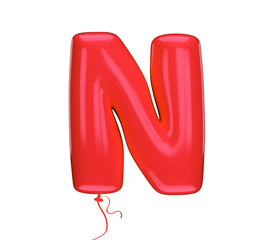 Red color material textured letter N. Made of an inflatable balloon on a white background. Isolated, 3d rendering	