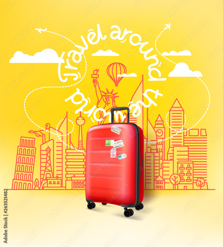 Sticker Red plastic suitcase with abstract cityscape with famous sightseengs. Travel around