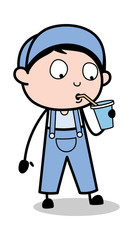 Drinking Water - Retro Repairman Cartoon Worker Vector Illustration