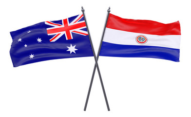 Australia and Paraguay, two crossed flags isolated on white background. 3d image