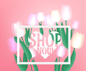 Spring sale advertising banner.  Vector banner with fresh tulips
