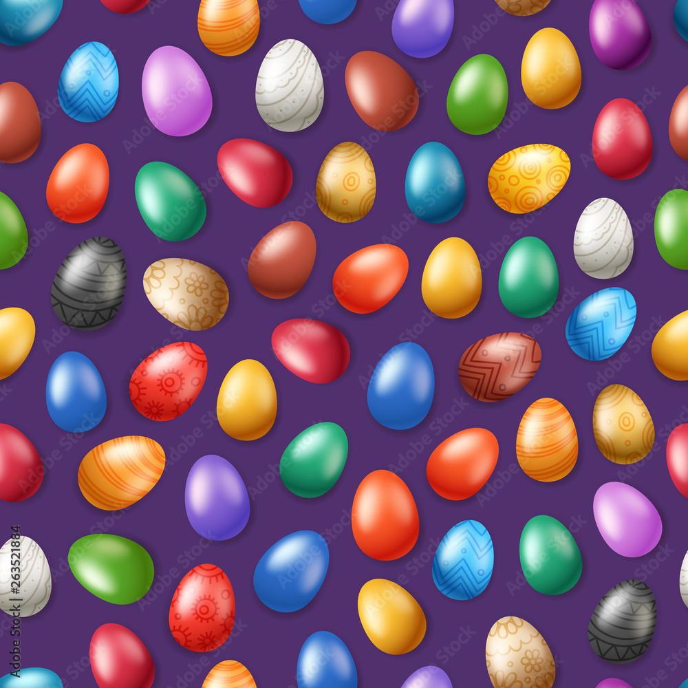 Poster vector seamless pattern with color easter eggs. easter holiday background for printing, wrap