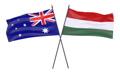 Australia and Hungary, two crossed flags isolated on white background. 3d image