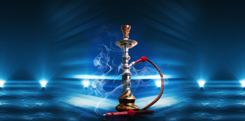 Hookah, smoke on a dark abstract background. Background of empty scenes with neon lights, the...