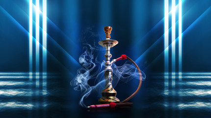 Hookah, smoke on a dark abstract background. Background of empty scenes with neon lights, the reflection of night lights on wet pavement