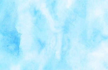 Creative wet ink effect sky blue color watercolor background. Light turquoise shades frame illustration. Grunge aquarelle painted paper textured canvas for vintage design, invitation card, template