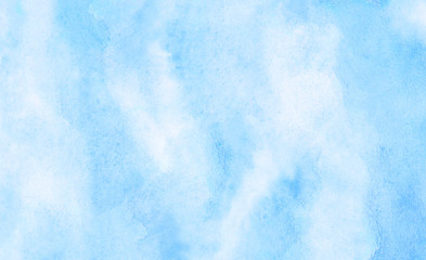 Creative wet ink effect sky blue color watercolor background. Light turquoise shades frame illustration. Grunge aquarelle painted paper textured canvas for vintage design, invitation card, template