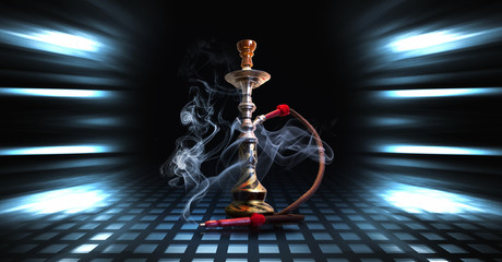 Hookah, smoke on a dark abstract background. Background of empty scenes with neon lights, the...