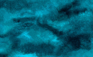 Light blue neon watercolor on deep dark paper background. Vivid textured aquarelle painted lightning night sky and thunder storm, smoke texture illustration. Ink canvas for modern creative design