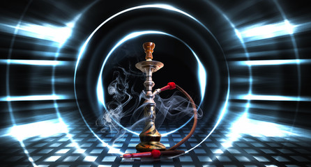 Hookah, smoke on a dark abstract background. Background of empty scenes with neon lights, the reflection of night lights on wet pavement