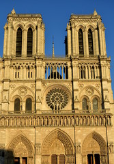 Fototapeta na wymiar Notre Dame, Paris, France. Facade and spire with sunset light.