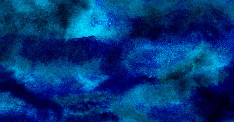 Light blue neon watercolor on deep dark paper background. Vivid textured aquarelle painted lightning night sky and thunder storm, smoke texture illustration. Ink canvas for modern creative design