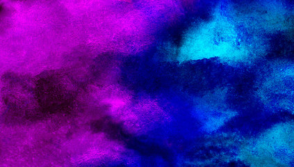 Cosmic creative neon watercolor on black paper background. Aquarelle vivid ink textured blue, pink and purple color canvas for creative design. Abstract bright vintage dark watercolour illustration