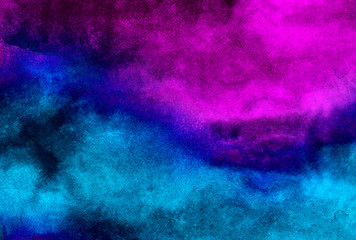 Cosmic creative neon watercolor on black paper background. Aquarelle vivid ink textured blue, pink and purple color canvas for creative design. Abstract bright vintage dark watercolour illustration