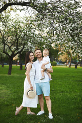 Fototapeta premium Beautiful young parents and their cute little son have fun near flowering trees, happy family