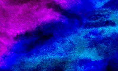 Cosmic creative neon watercolor on black paper background. Aquarelle vivid ink textured blue, pink and purple color canvas for creative design. Abstract bright vintage dark watercolour illustration