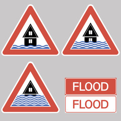 The degree of flooding.Sign. An illustrative graphic poster, a triangular sign with a flooded house.