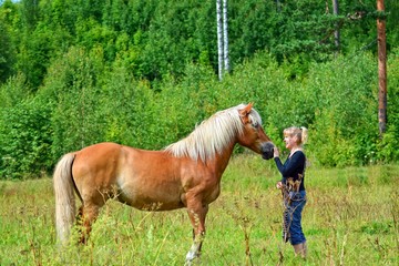 Obraz premium Woman walking on the country road with horse