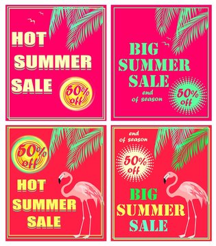 Hot pink neon flyers with mint color palm leaves, big and hot summer sale lettering and flamingo. Art deco style